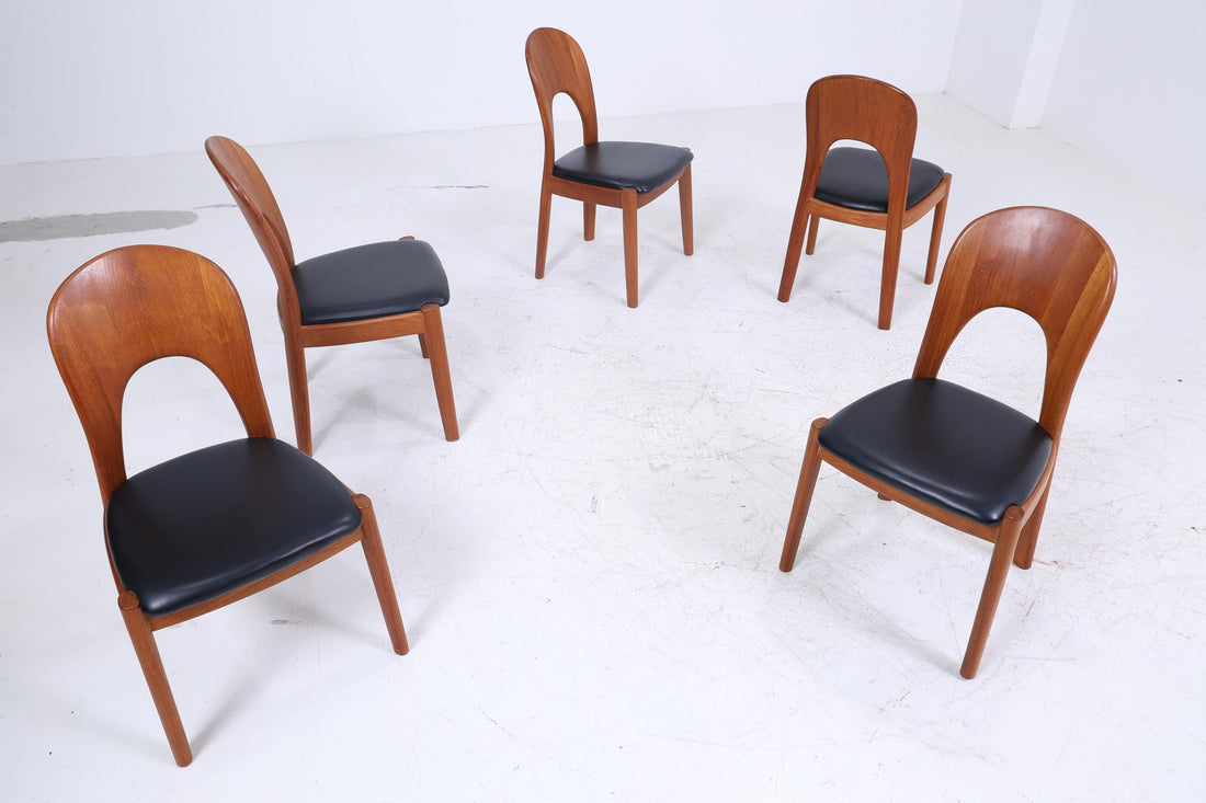 5 Vintage Teak Esszimmer Stühle von Niels Koefoed für Glostrup | Mid Century Stuhl 60er Jahre | Küchenstuhl Leder Bezug