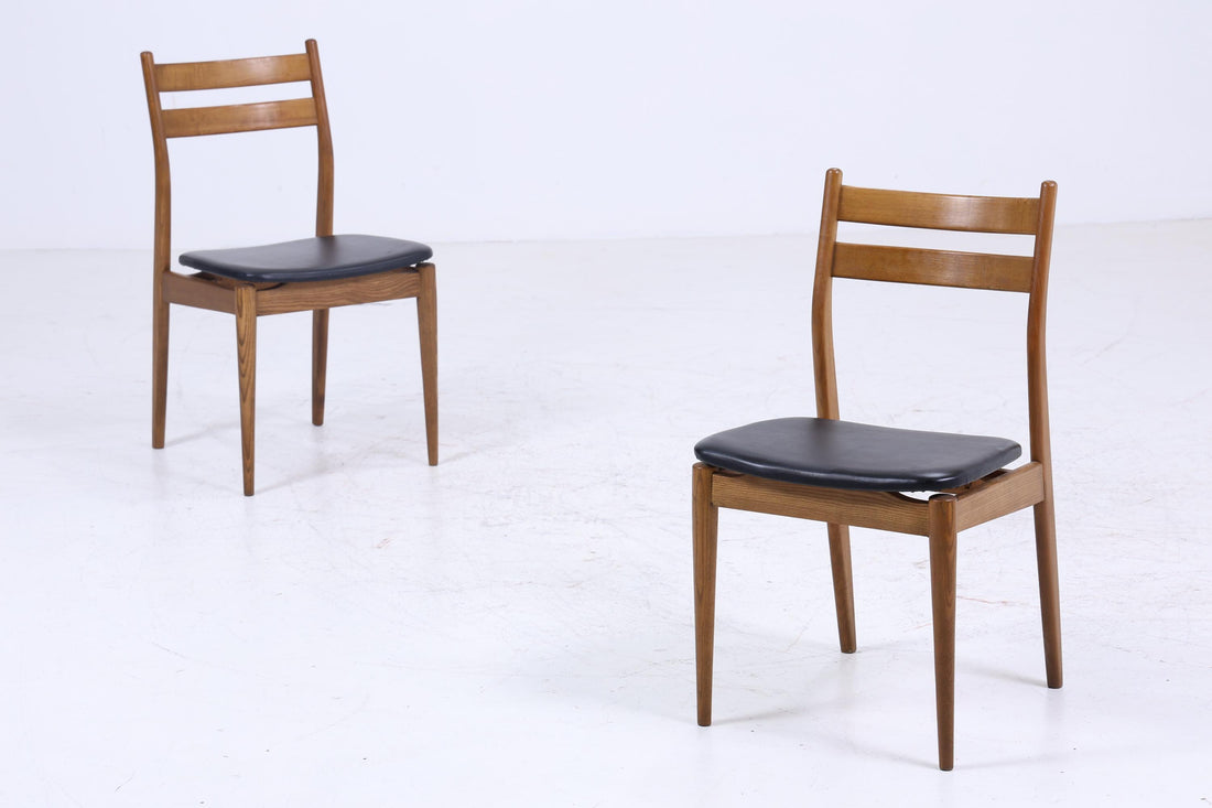 2 Vintage Teak Esszimmer Stühle | Mid Century Stuhl 60er Jahre | Küchenstuhl Leder Bezug