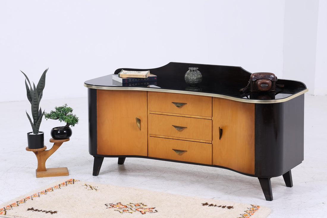 Vintage Kommode 60er Jahre | Mid Century Schubladen TV Board mit Glas &amp; Fächern Retro Holz Aufbewahrung