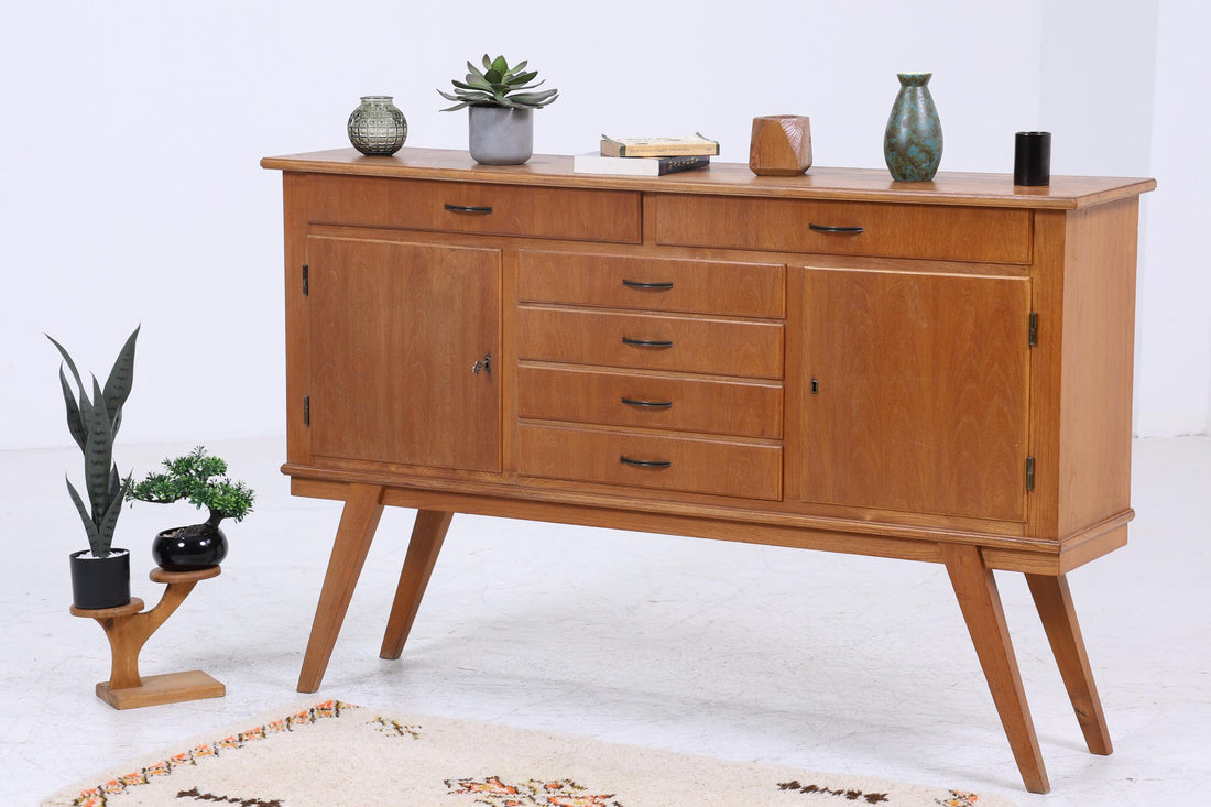 Vintage Sideboard 60er Jahre | Mid Century Schubladen TV Board mit Schubladen &amp; Fächern Retro Holz Aufbewahrung Anrichte