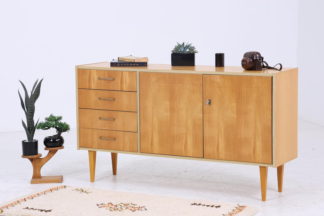 Vintage Sideboard 60er Jahre | Mid Century Schubladen TV Board mit Schubladen &amp; Fächern Retro Anrichte Holz Aufbewahrung