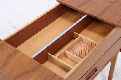 Vintage Nähkästchen mit Korb 60er Jahre  | Mid Century Holz Nähkasten auf Rollen mit Schublade Aufbewahrung
