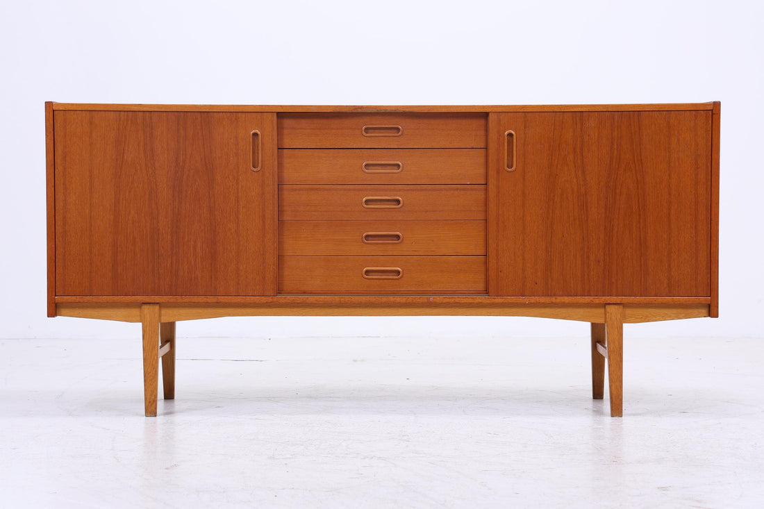 Vintage Teak Sideboard 60er Jahre | Mid Century TV Board mit Schubladen &amp; Schiebetüren Retro Holz Aufbewahrung
