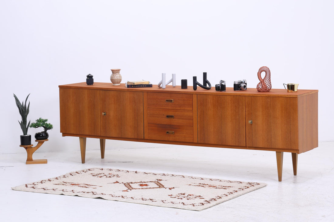 Vintage Sideboard 60er Jahre | Mid Century TV Board mit Schubladen &amp; Fächern Holz Aufbewahrung Anrichte
