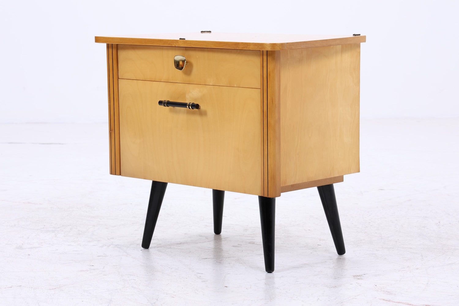 2er Set Vintage Nachttische der 60er | Mid Century Mini Kommode mit Klappe &amp; Schublade | Stilvolle Holz Aufbewahrung Schlafzimmer Beige