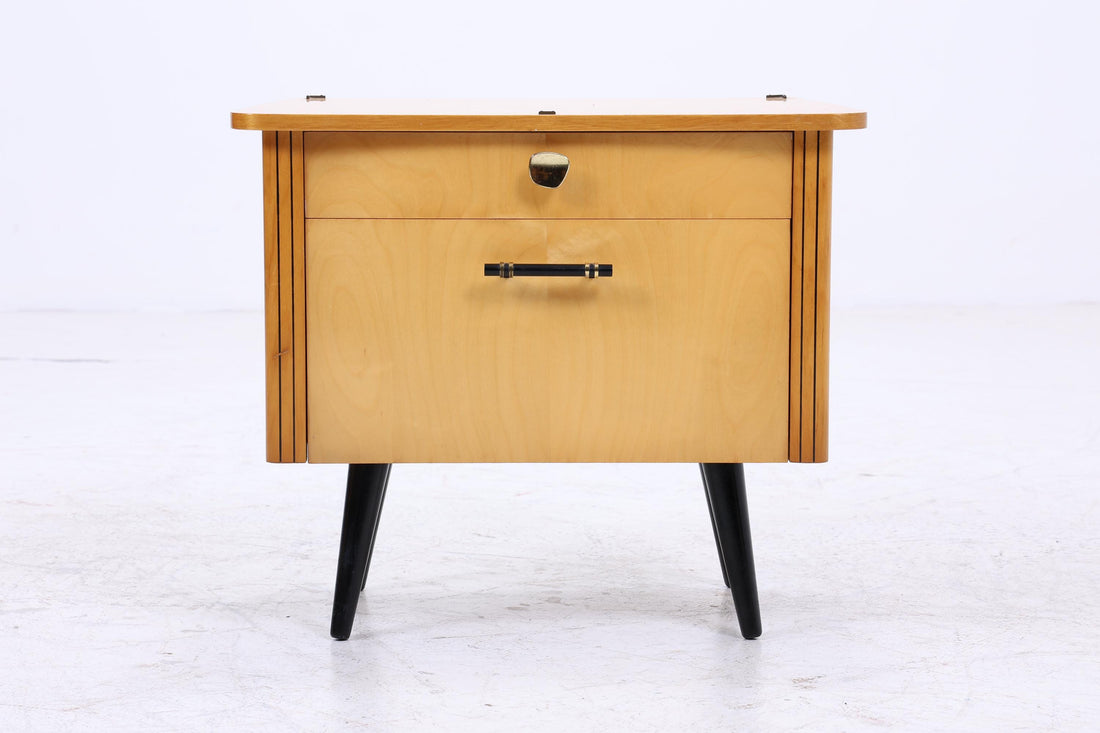 2er Set Vintage Nachttische der 60er | Mid Century Mini Kommode mit Klappe &amp; Schublade | Stilvolle Holz Aufbewahrung Schlafzimmer Beige