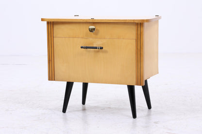 2er Set Vintage Nachttische der 60er | Mid Century Mini Kommode mit Klappe &amp; Schublade | Stilvolle Holz Aufbewahrung Schlafzimmer Beige