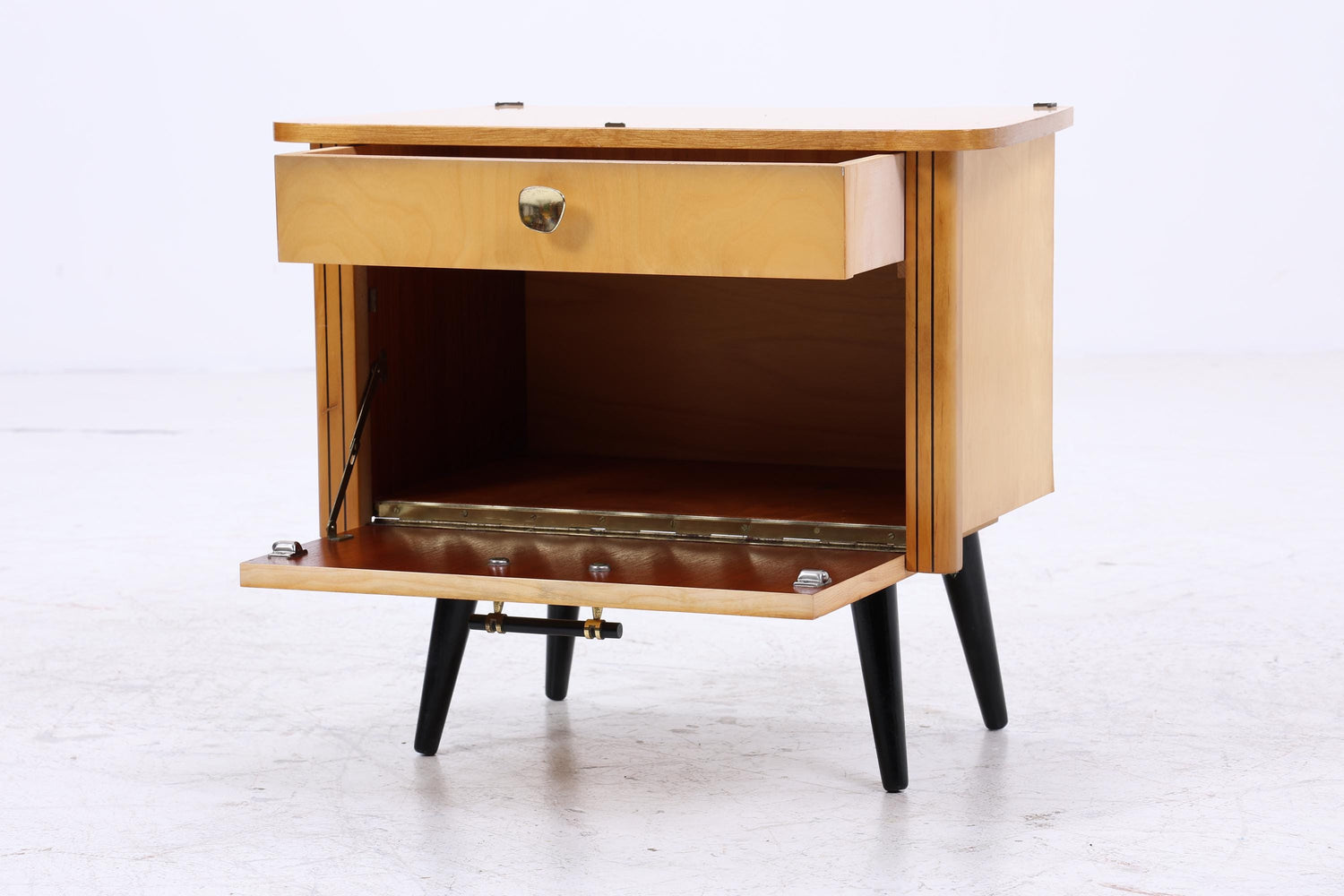 2er Set Vintage Nachttische der 60er | Mid Century Mini Kommode mit Klappe &amp; Schublade | Stilvolle Holz Aufbewahrung Schlafzimmer Beige