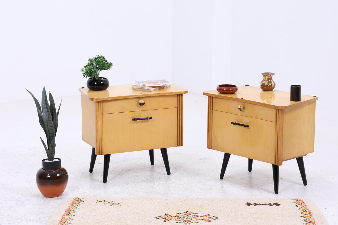 2er Set Vintage Nachttische der 60er | Mid Century Mini Kommode mit Klappe &amp; Schublade | Stilvolle Holz Aufbewahrung Schlafzimmer Beige