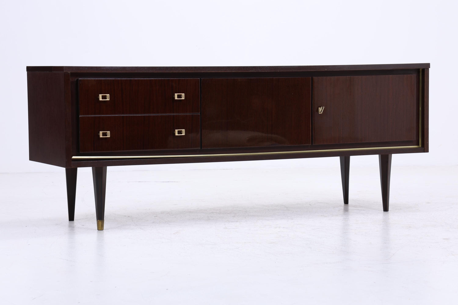 Vintage Hochglanz Lowboard 60er Jahre | Mid Century Sideboard Anrichte mit Schubladen, Fächern Retro Holz Aufbewahrung