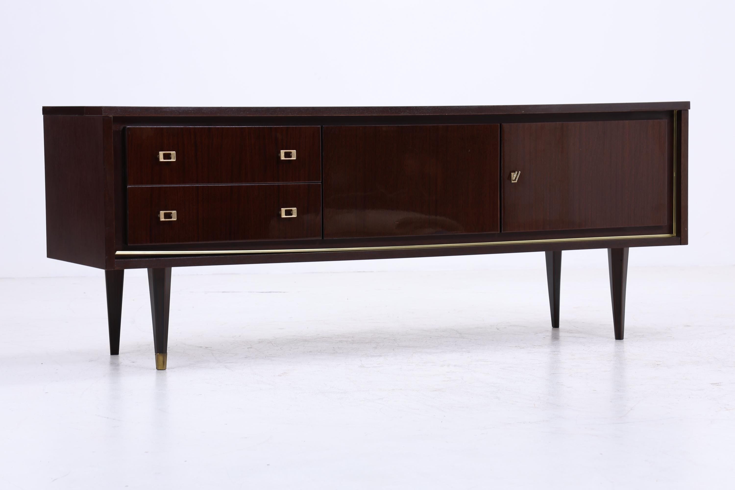 Vintage Hochglanz Lowboard 60er Jahre | Mid Century Sideboard Anrichte mit Schubladen, Fächern Retro Holz Aufbewahrung