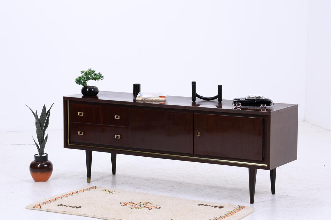Vintage Hochglanz Lowboard 60er Jahre | Mid Century Sideboard Anrichte mit Schubladen, Fächern Retro Holz Aufbewahrung