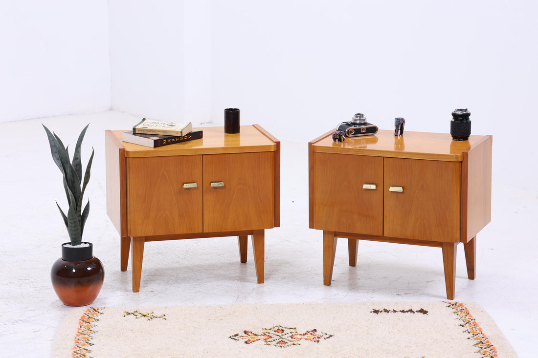 2er Set Vintage Nachttische der 60er | Mid Century Mini Kommode | Stilvolle Holz Aufbewahrung Schlafzimmer Beige