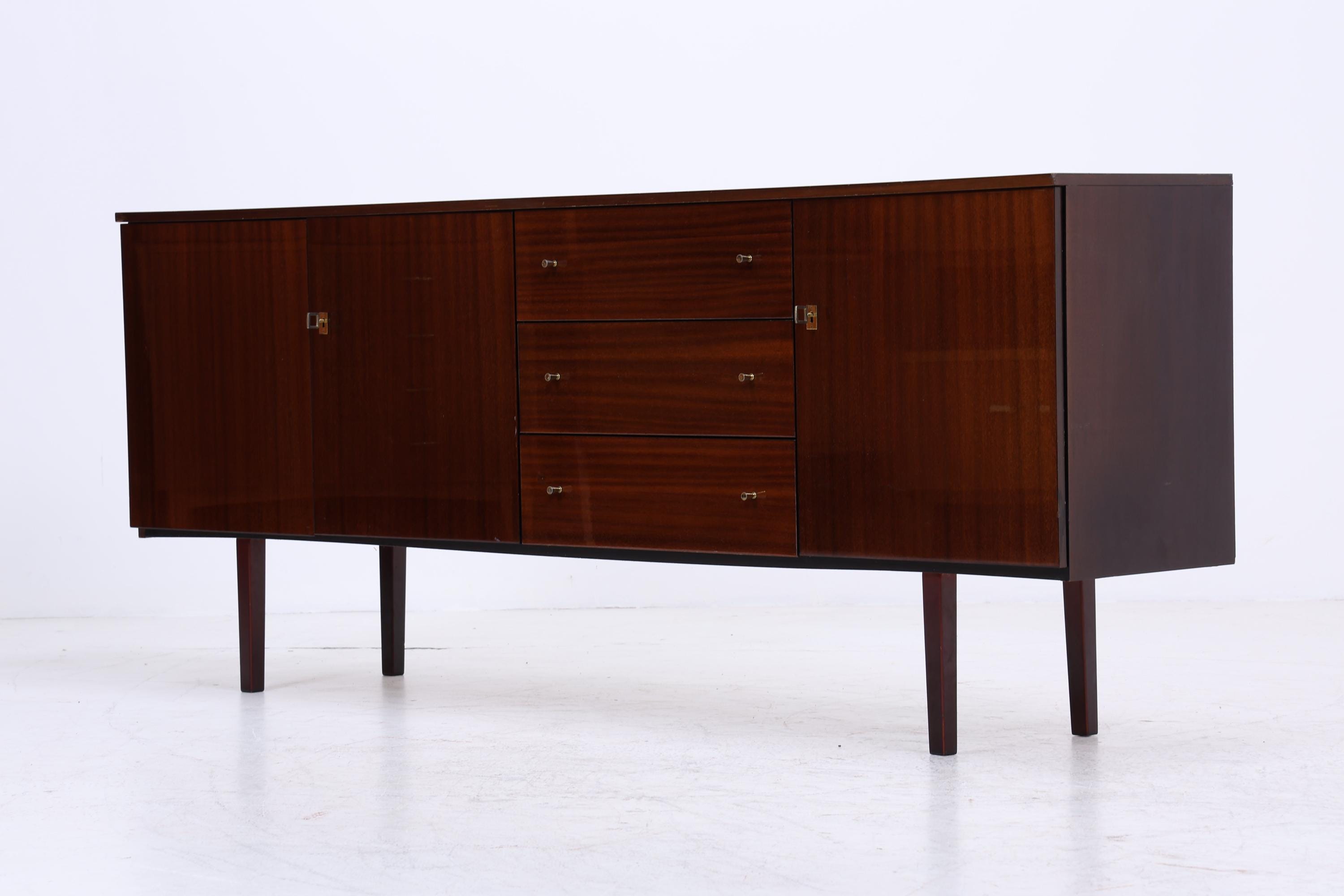 Vintage Hochglanz Sideboard 60er Jahre | Mid Century Lowboard Anrichte mit Schubladen &amp; Fächern Retro Holz Aufbewahrung