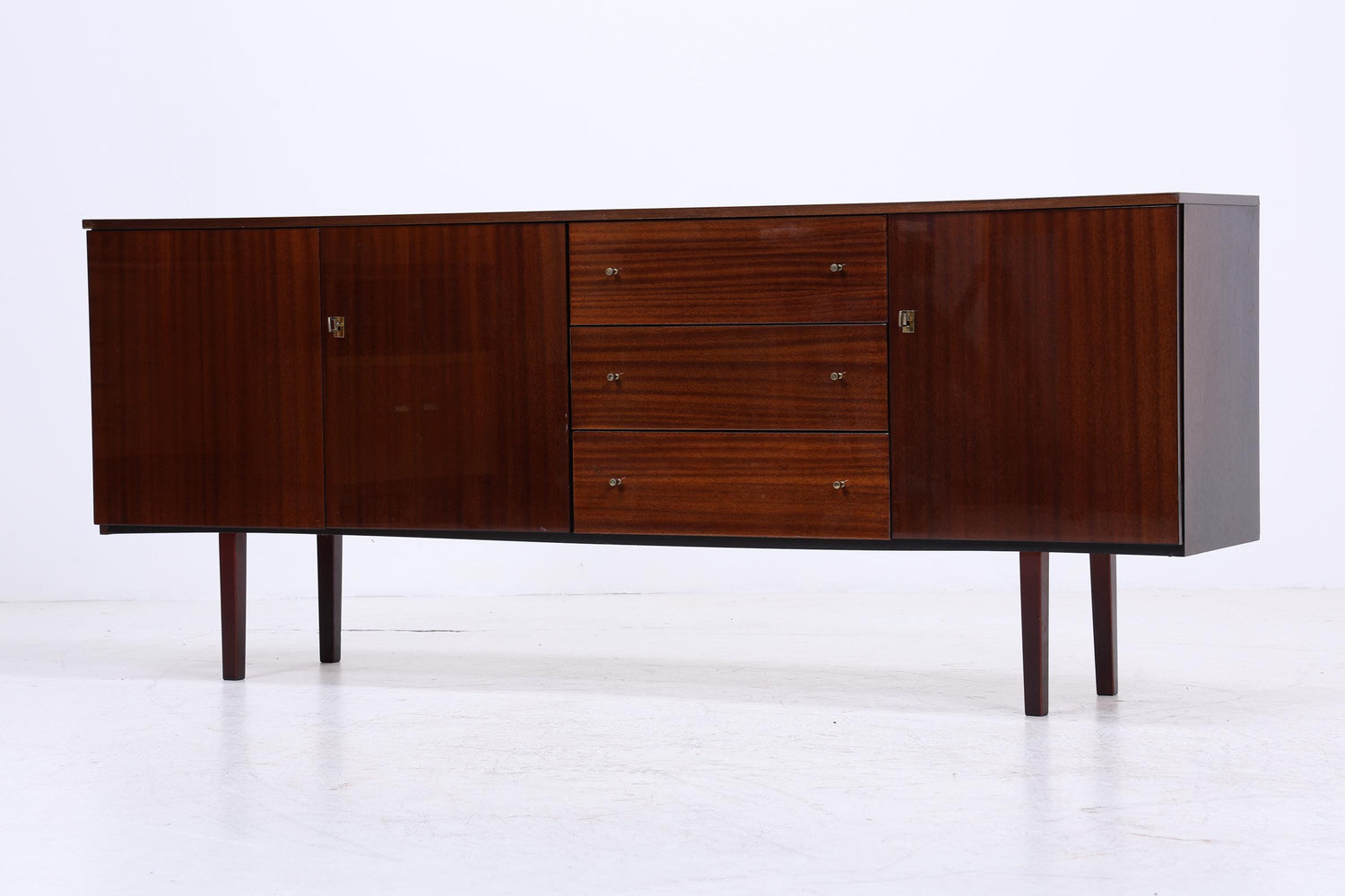 Vintage Hochglanz Sideboard 60er Jahre | Mid Century Lowboard Anrichte mit Schubladen &amp; Fächern Retro Holz Aufbewahrung