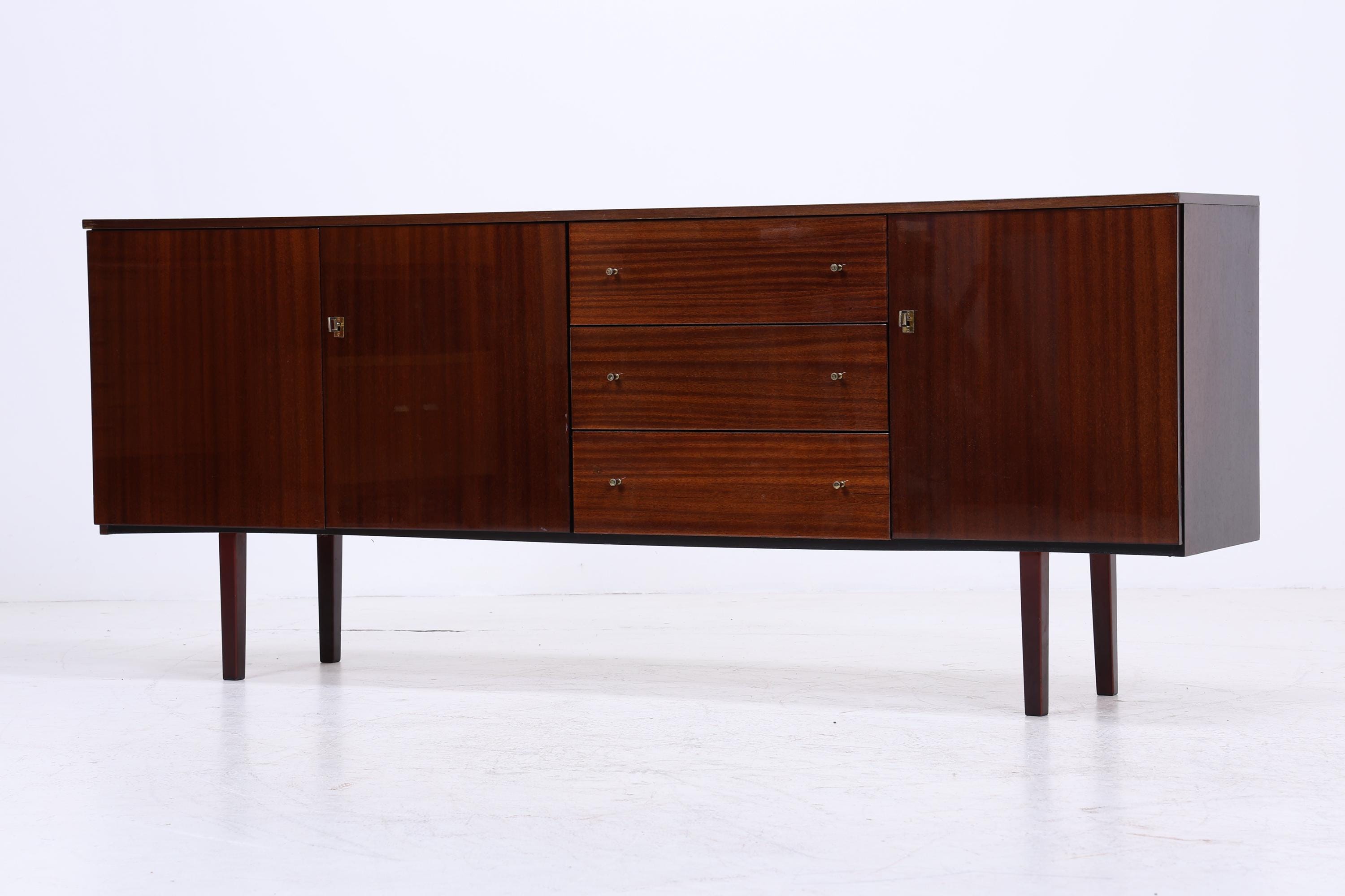 Vintage Hochglanz Sideboard 60er Jahre | Mid Century Lowboard Anrichte mit Schubladen &amp; Fächern Retro Holz Aufbewahrung