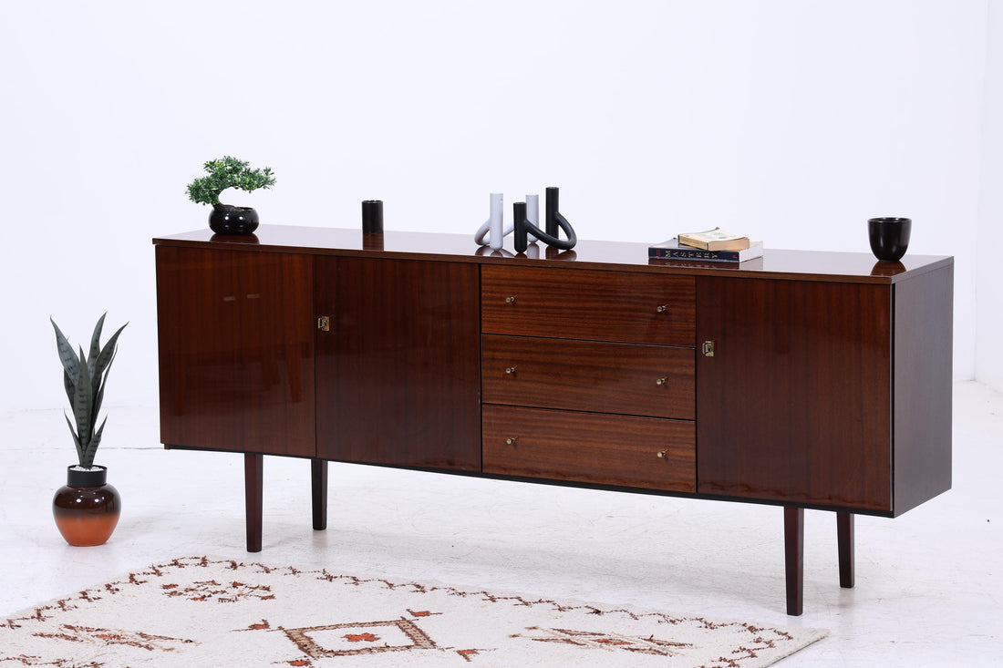 Vintage Hochglanz Sideboard 60er Jahre | Mid Century Lowboard Anrichte mit Schubladen &amp; Fächern Retro Holz Aufbewahrung