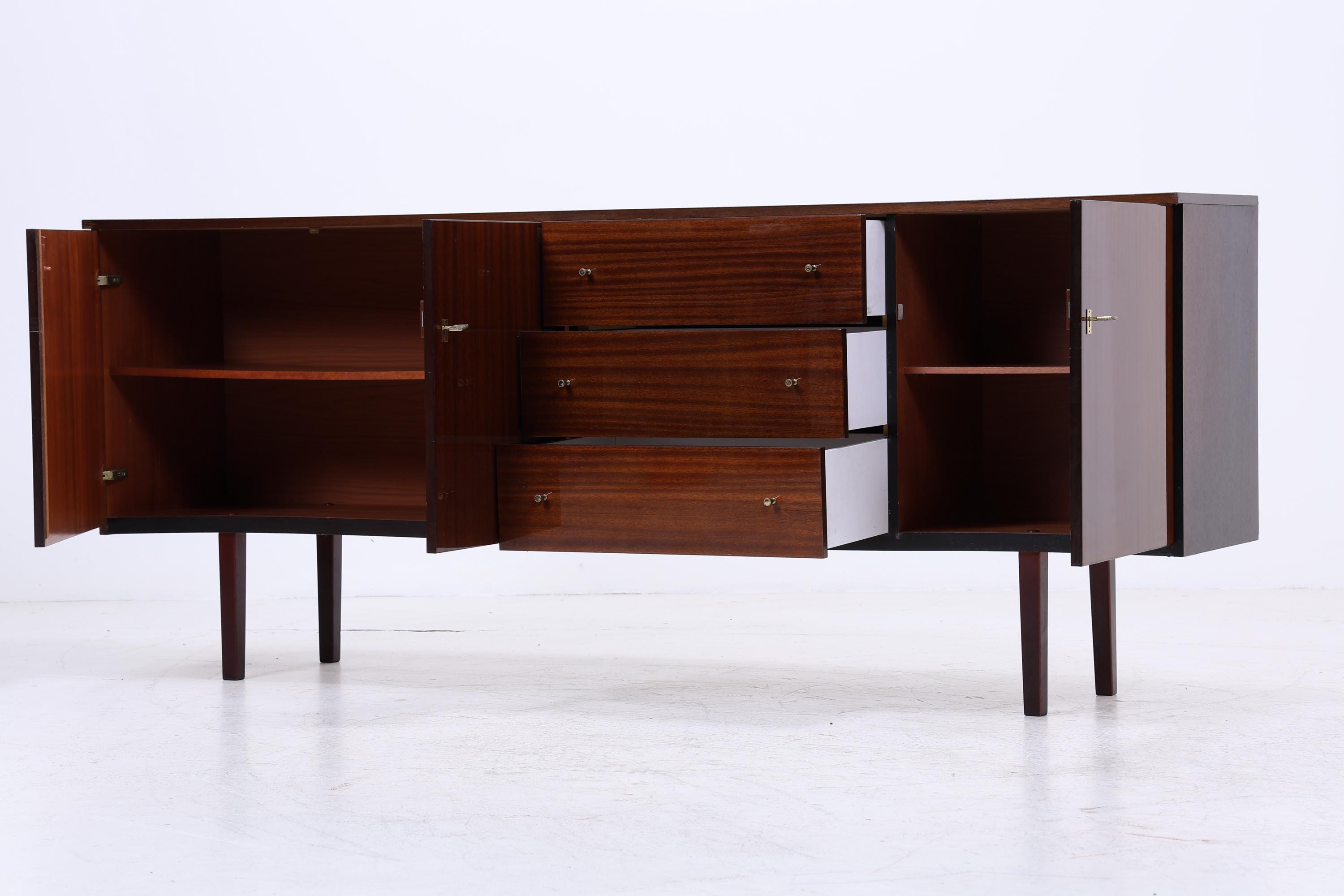 Vintage Hochglanz Sideboard 60er Jahre | Mid Century Lowboard Anrichte mit Schubladen &amp; Fächern Retro Holz Aufbewahrung