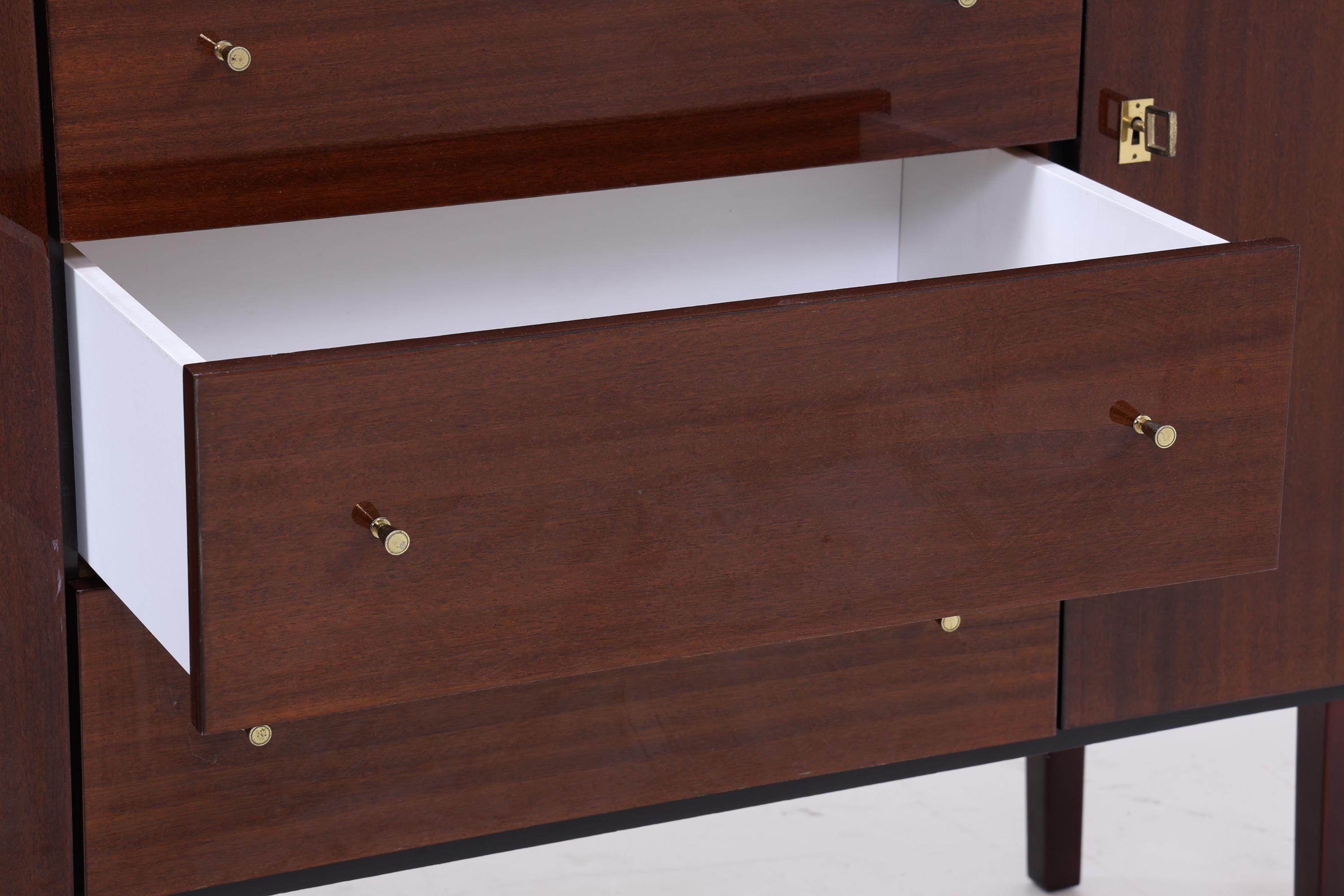 Vintage Hochglanz Sideboard 60er Jahre | Mid Century Lowboard Anrichte mit Schubladen &amp; Fächern Retro Holz Aufbewahrung