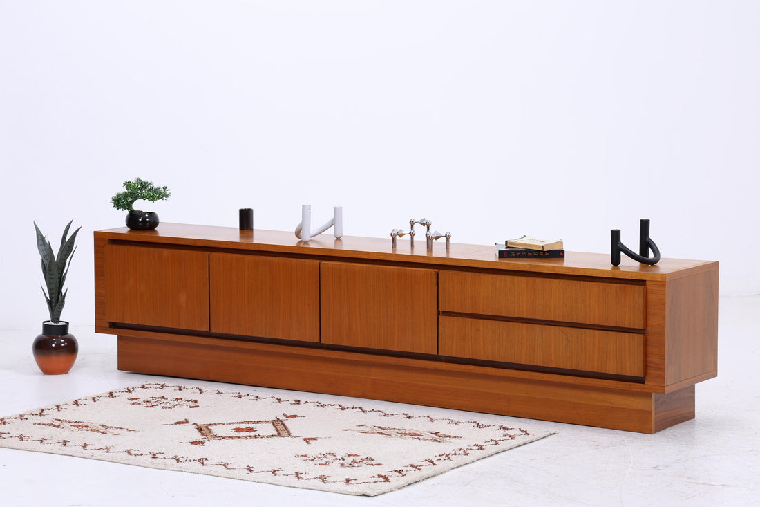Vintage Teak Lowboard 60er Jahre | Mid Century Sideboard mit Schubladen &amp; Fächern Holz Aufbewahrung