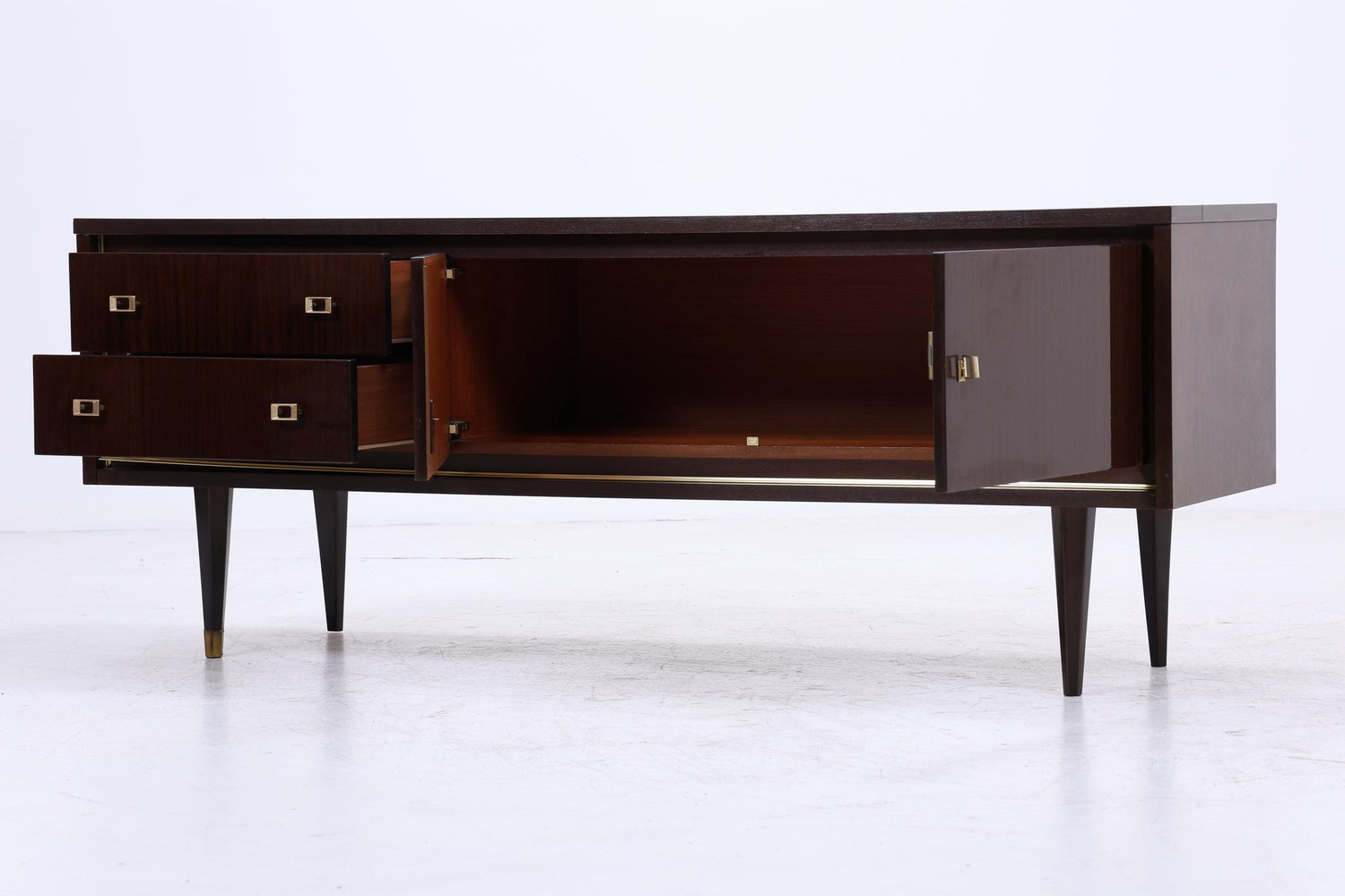 Vintage Hochglanz Lowboard 60er Jahre | Mid Century Sideboard Anrichte mit Schubladen, Fächern Retro Holz Aufbewahrung