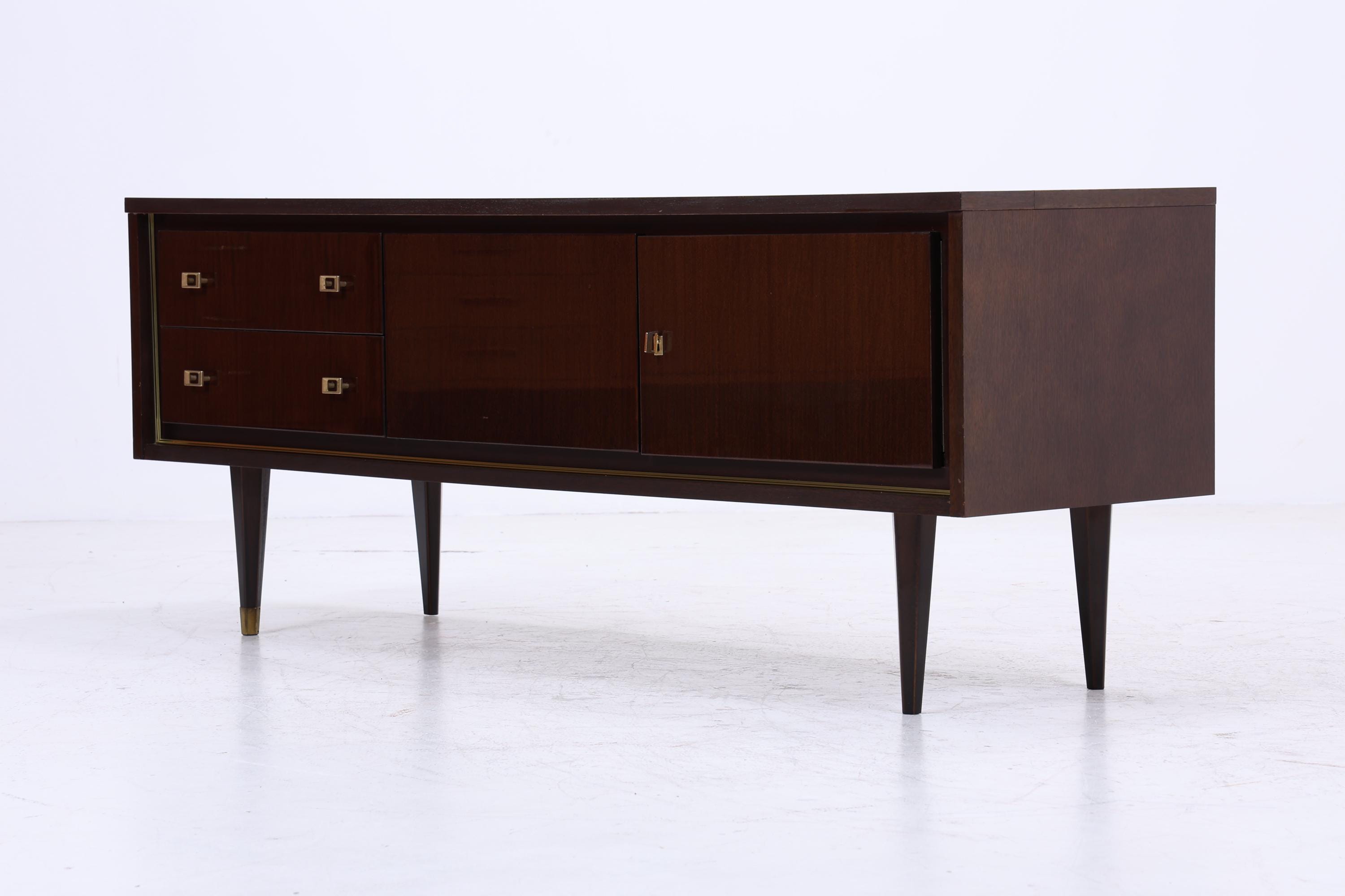 Vintage Hochglanz Lowboard 60er Jahre | Mid Century Sideboard Anrichte mit Schubladen, Fächern Retro Holz Aufbewahrung