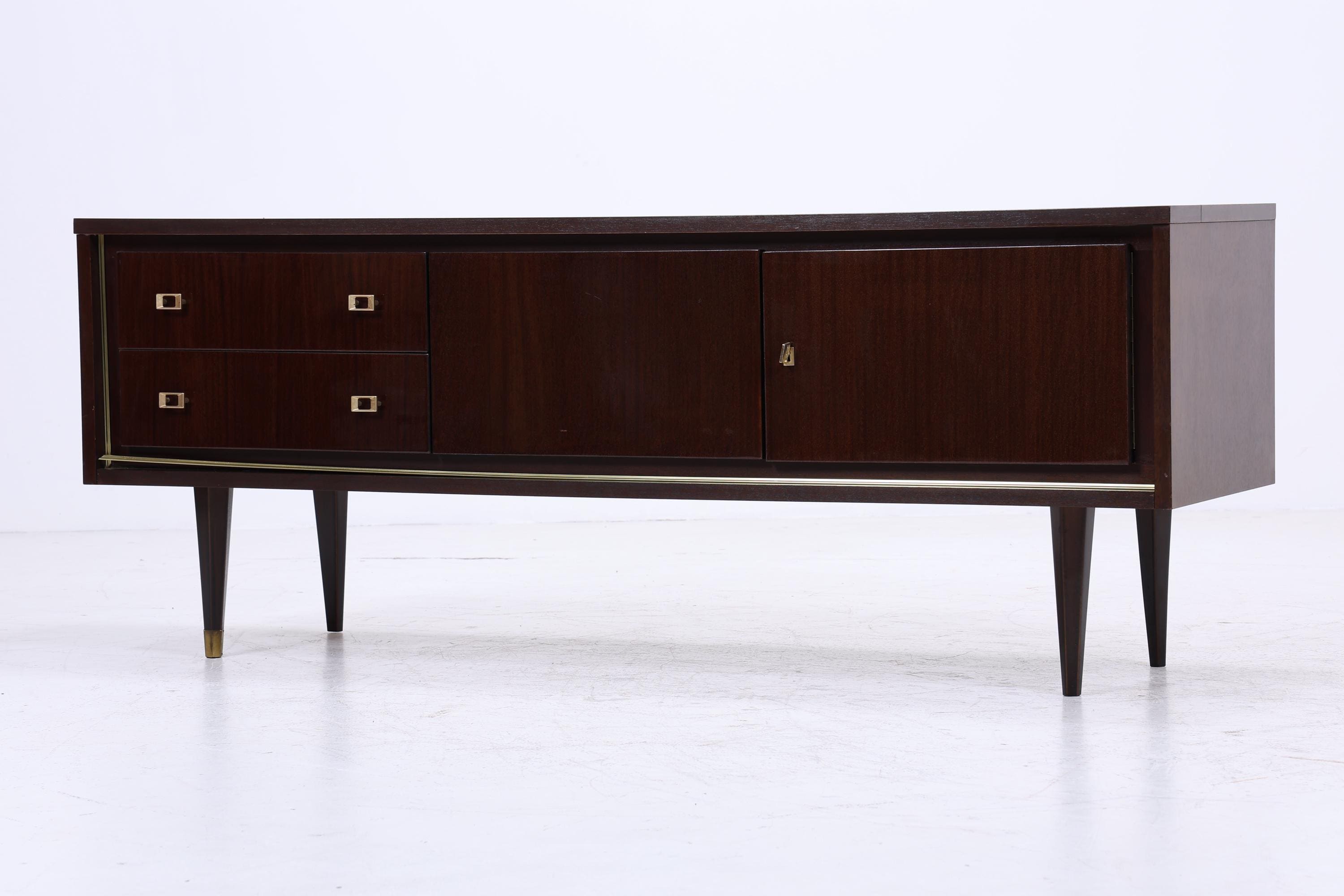 Vintage Hochglanz Lowboard 60er Jahre | Mid Century Sideboard Anrichte mit Schubladen, Fächern Retro Holz Aufbewahrung