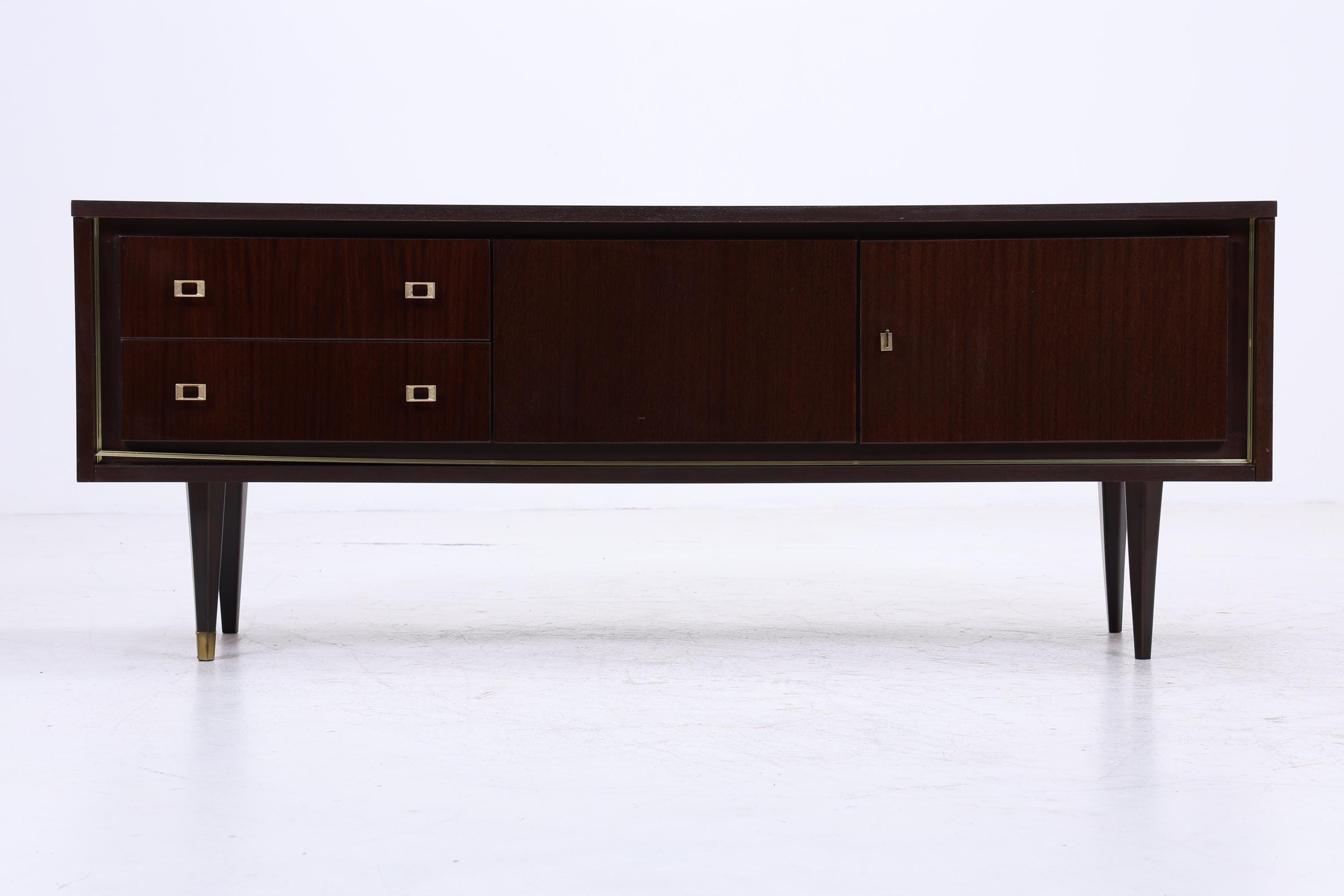 Vintage Hochglanz Lowboard 60er Jahre | Mid Century Sideboard Anrichte mit Schubladen, Fächern Retro Holz Aufbewahrung