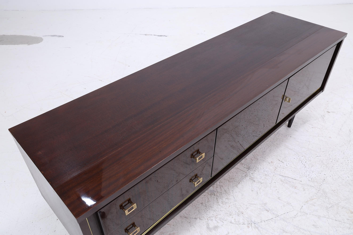Vintage Hochglanz Lowboard 60er Jahre | Mid Century Sideboard Anrichte mit Schubladen, Fächern Retro Holz Aufbewahrung