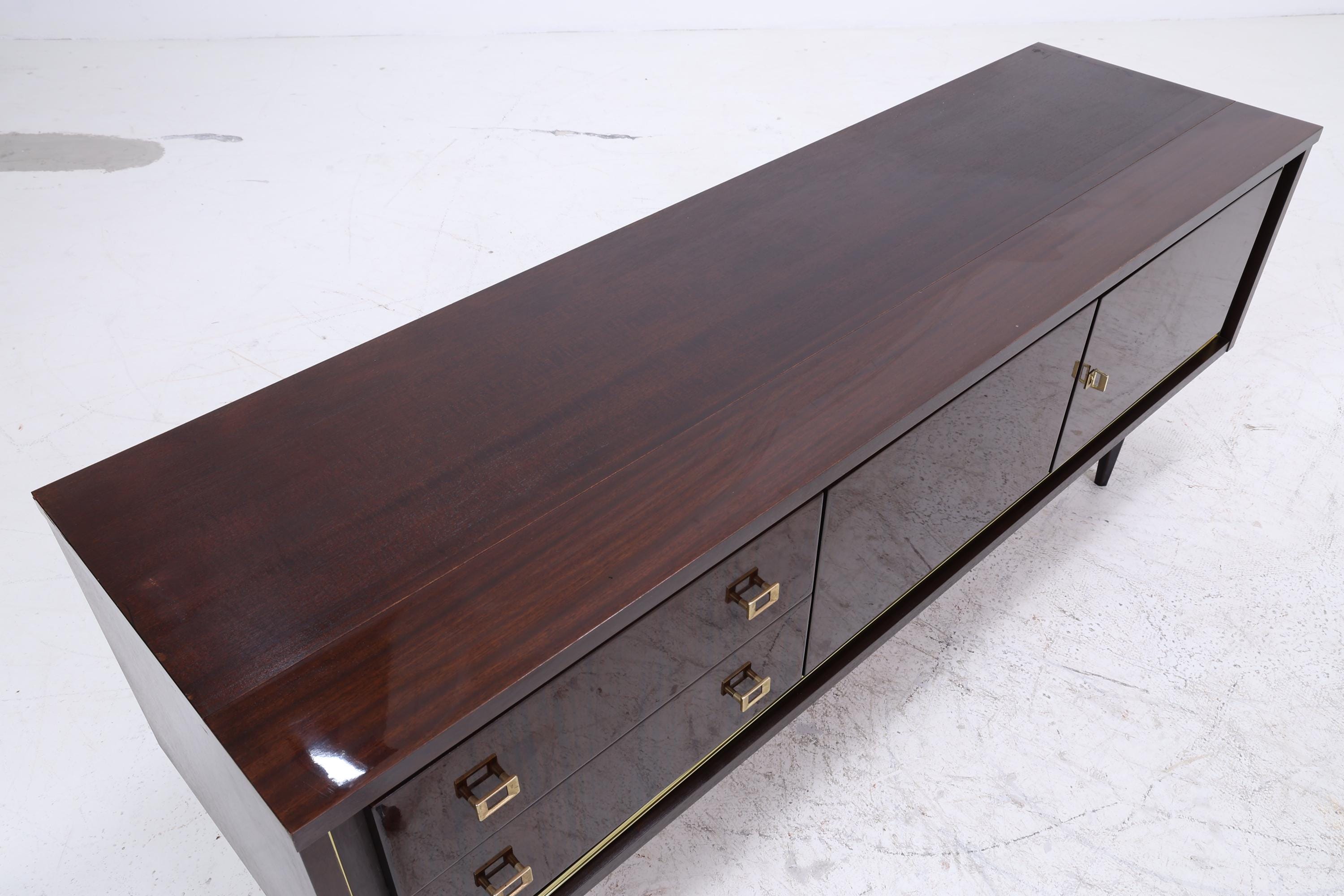 Vintage Hochglanz Lowboard 60er Jahre | Mid Century Sideboard Anrichte mit Schubladen, Fächern Retro Holz Aufbewahrung
