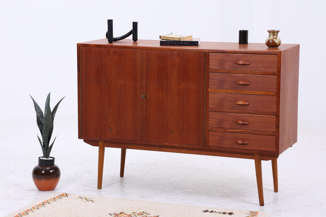 Vintage Teak Sideboard 60er Jahre Danish Design | Mid Century TV Board mit Schubladen &amp; Fächern Retro Holz Aufbewahrung