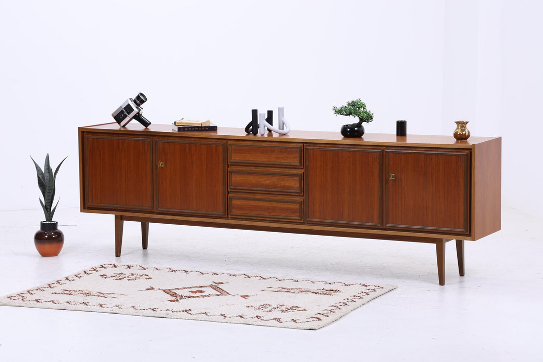 Vintage Teak Sideboard 60er Jahre | Mid Century TV Board mit Schubladen &amp; Fächern Retro Holz Aufbewahrung