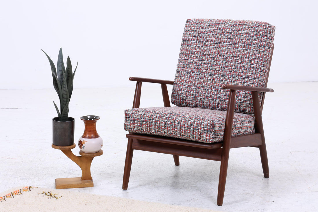 Wundervoller Vintage Armlehnsessel 70er Jahre | Mid Century Holz Stoff Sessel Retro 60er