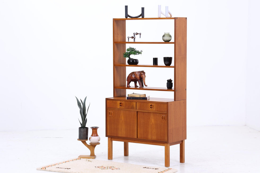 Vintage Teak Regal 60er Jahre | Mid Century Bücherregal mit Schiebetüren &amp; Schubladen Retro Holz Aufbewahrung