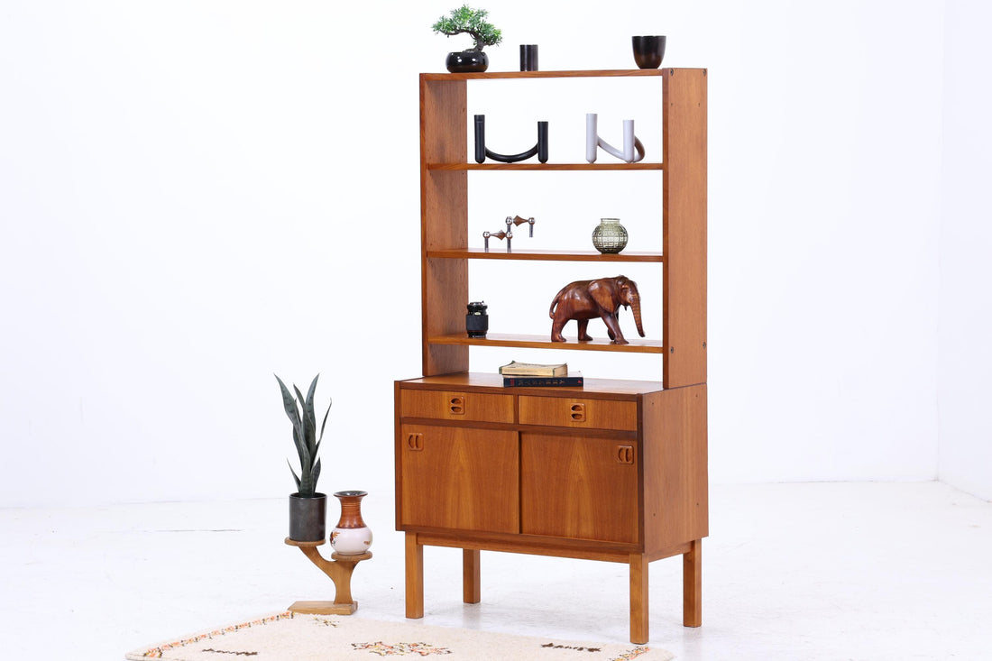 Vintage Teak Regal 60er Jahre | Mid Century Bücherregal mit Schiebetüren &amp; Schubladen Retro Holz Aufbewahrung