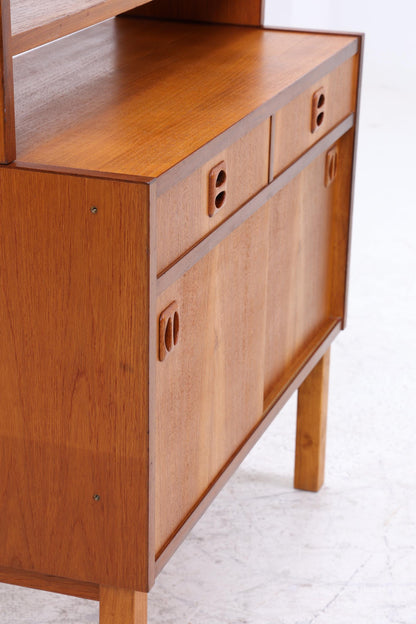 Vintage Teak Regal 60er Jahre | Mid Century Bücherregal mit Schiebetüren &amp; Schubladen Retro Holz Aufbewahrung