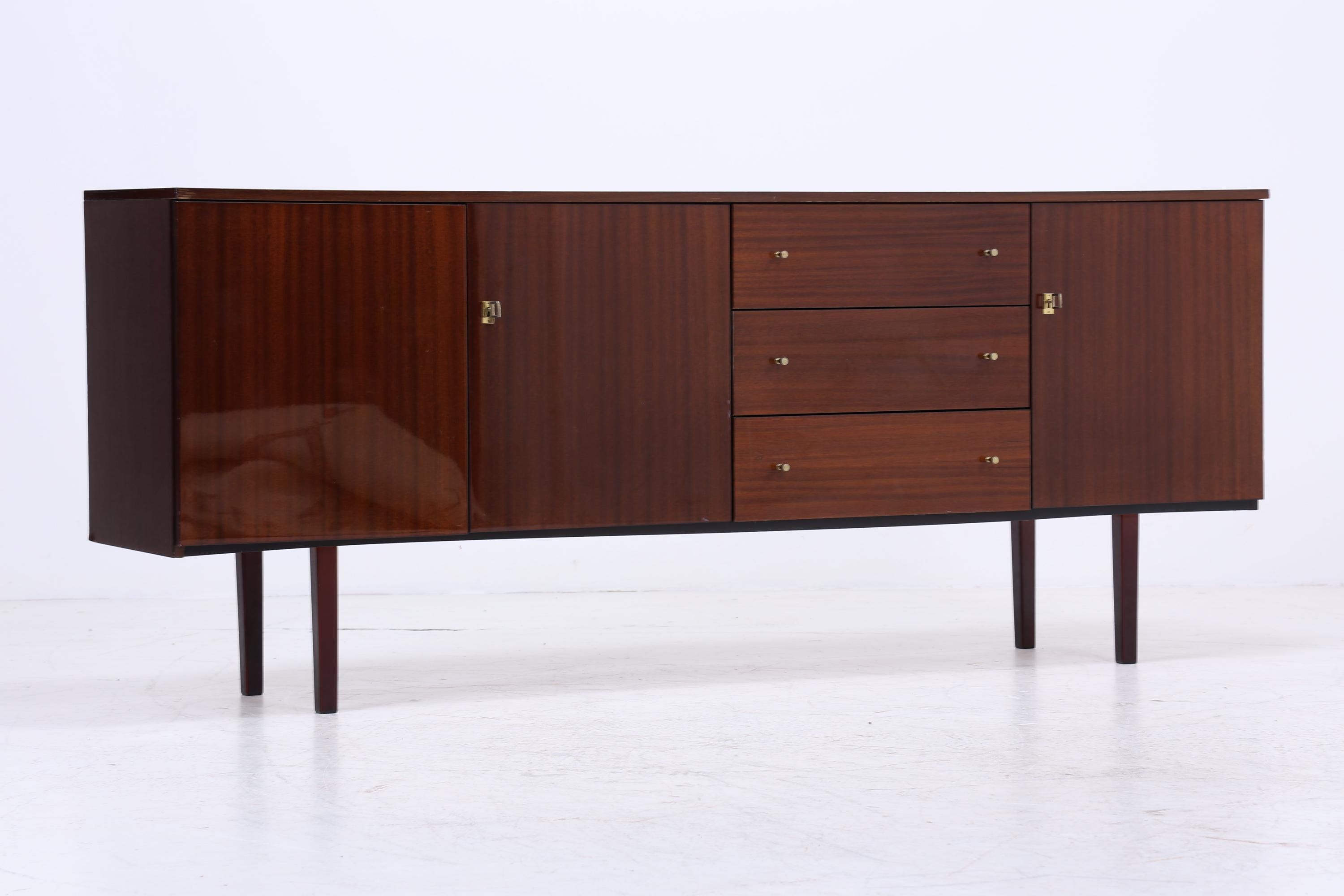 Vintage Hochglanz Sideboard 60er Jahre | Mid Century Lowboard Anrichte mit Schubladen &amp; Fächern Retro Holz Aufbewahrung
