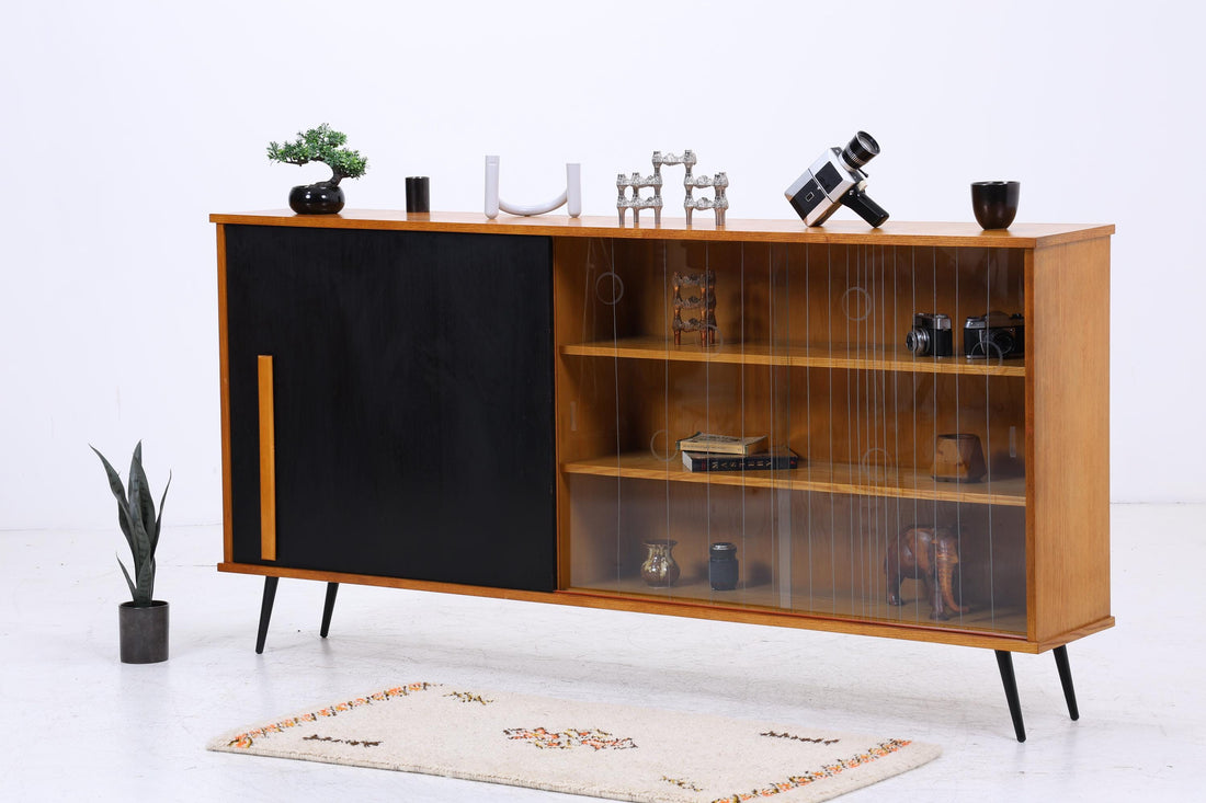 Vintage Glas Highboard 60er Jahre |  Mid Century Sideboard Vitrine Holz Design