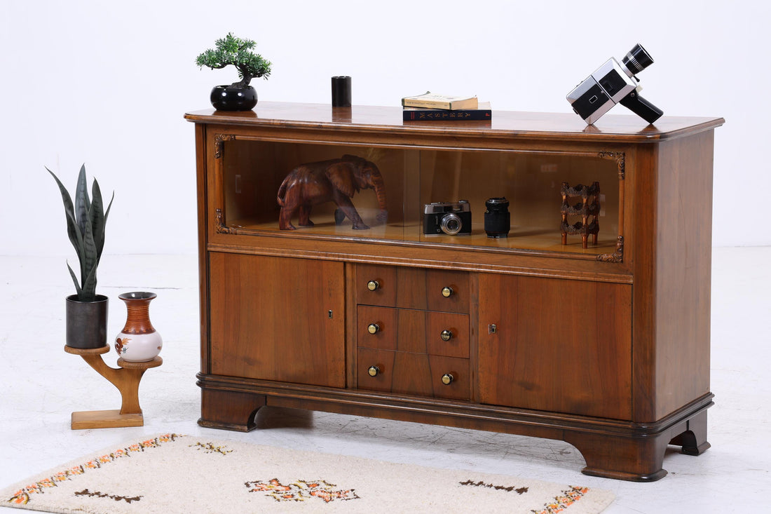 Vintage Kommode mit Glastüren | Antik Vitrine Flur Schrank | Holz Aufbewahrung