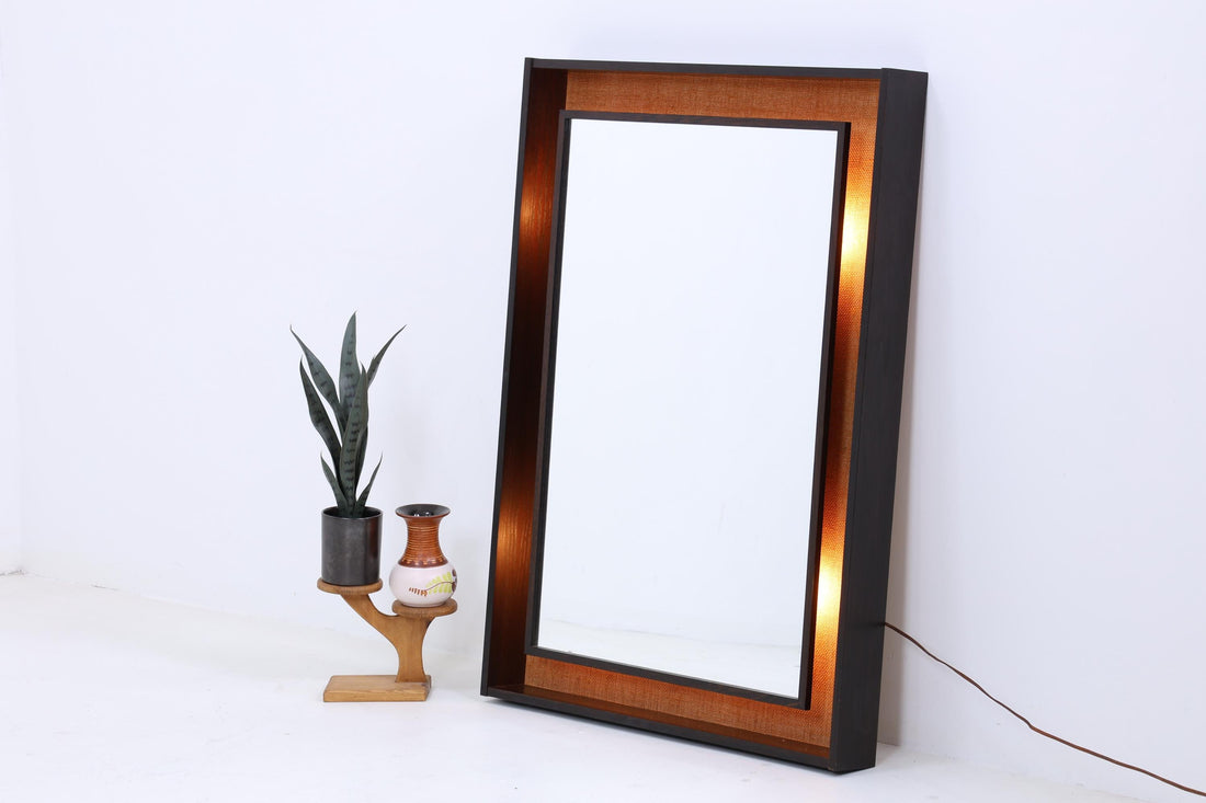 Vintage Spiegel 60er Jahre | Mid Century Hänge Spiegel mit Leuchten Mirror Holz Retro Schräg Vintage