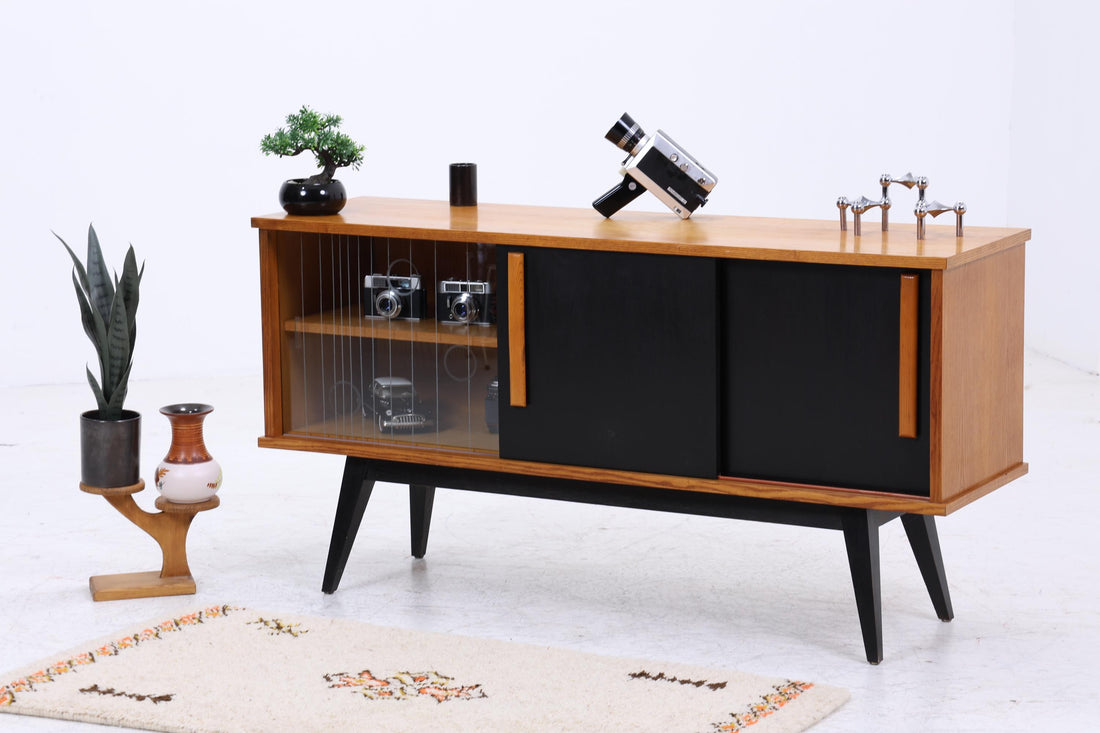 Vintage Sideboard 60er Jahre | Mid Century Vitrine Holz Anrichte Schwarz Design