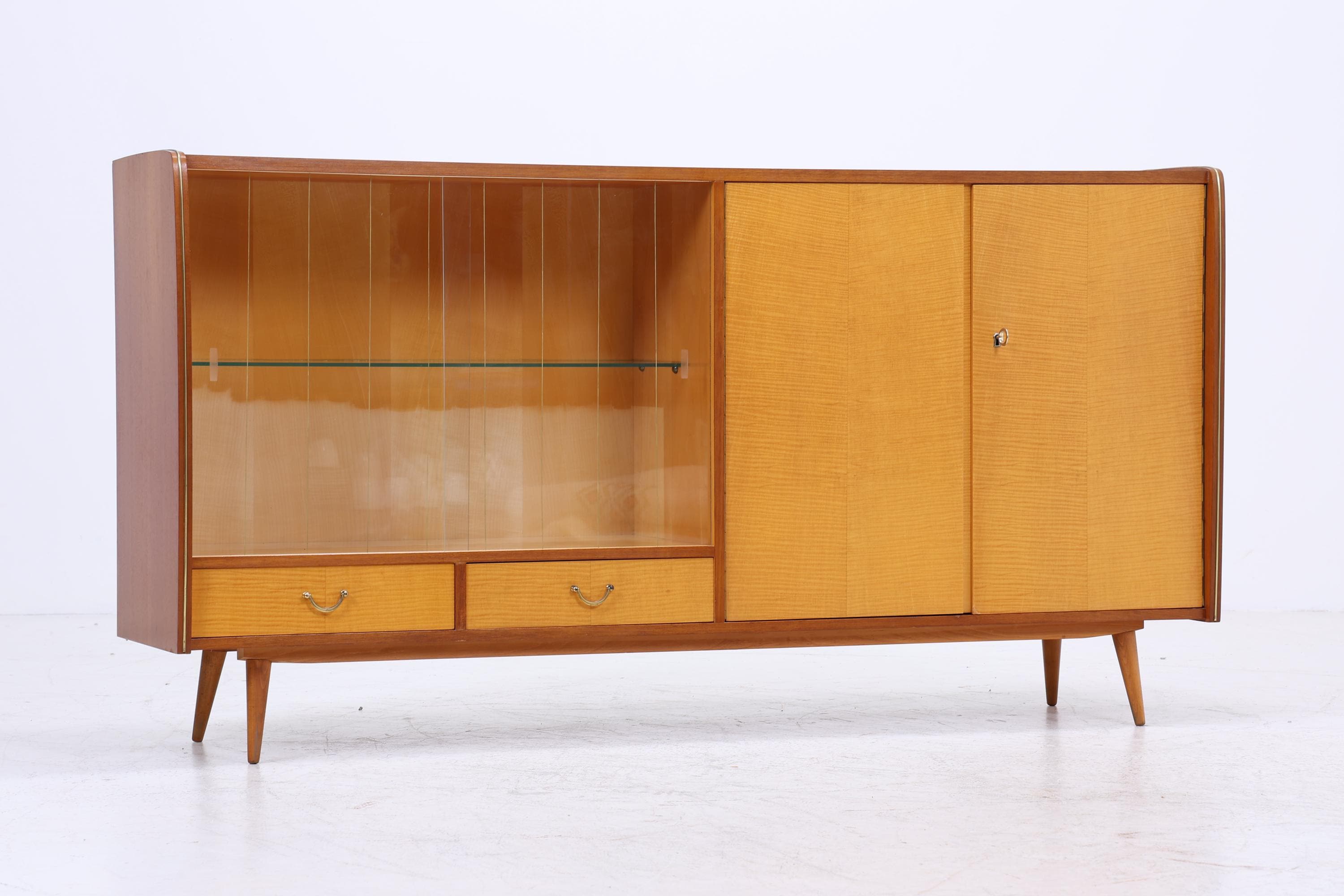 Vintage Glas SIdeboard 60er Jahre |  Mid Century Highboard Vitrine Holz Design