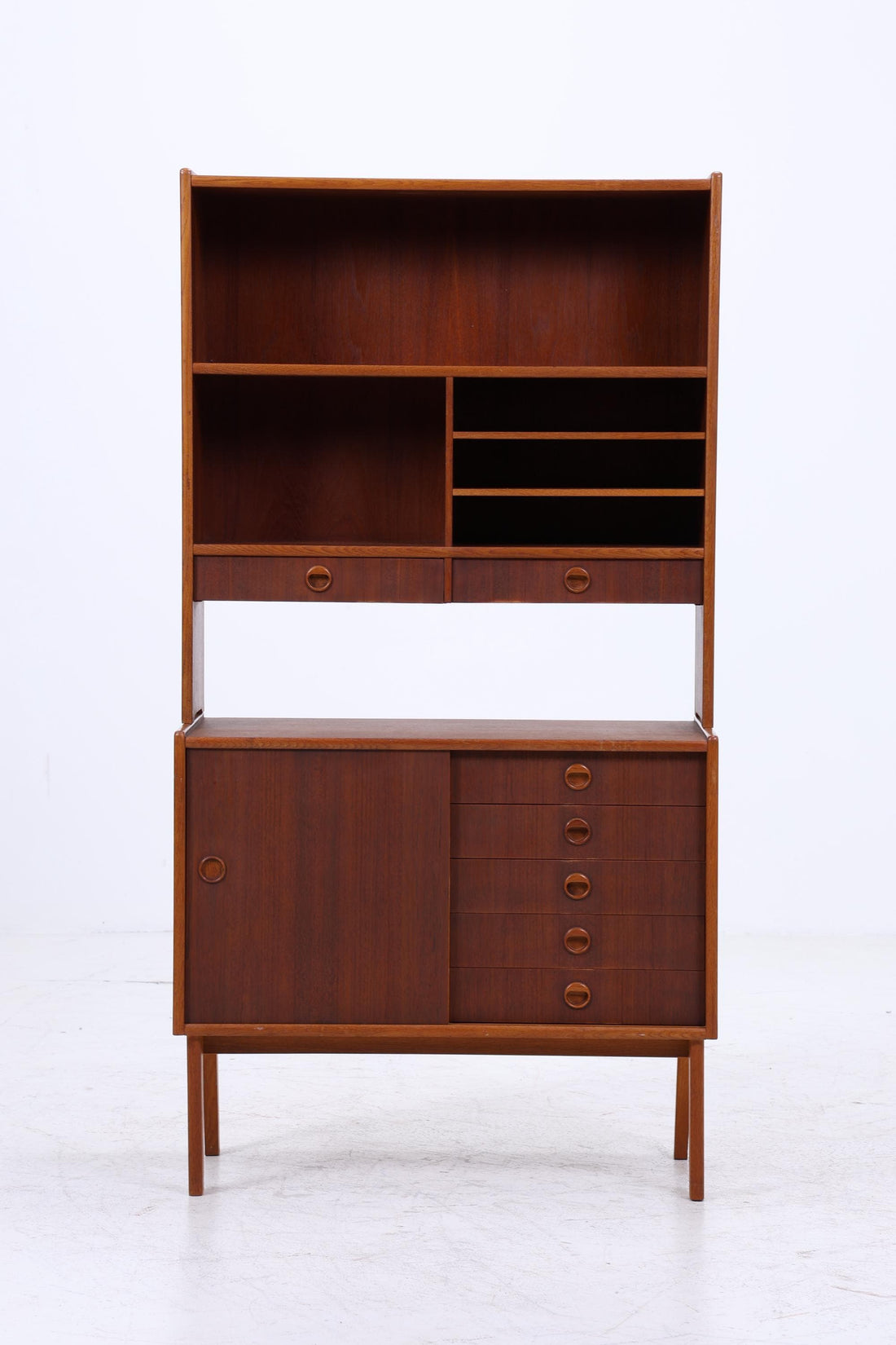 Vintage Teak Regal 60er Jahre | Mid Century Bücherregal mit Schiebetüren &amp; Schubladen Retro Holz Aufbewahrung