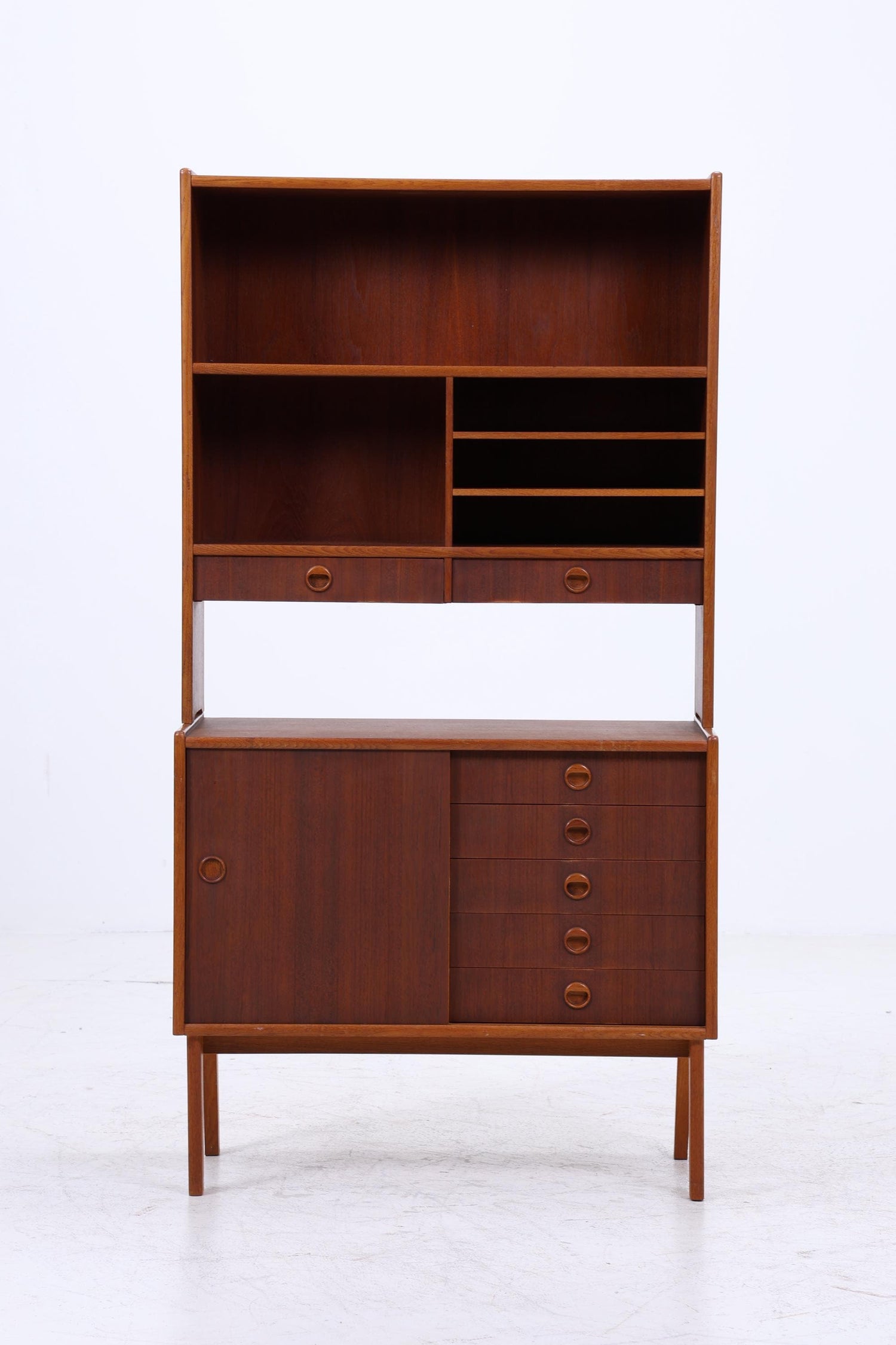 Vintage Teak Regal 60er Jahre | Mid Century Bücherregal mit Schiebetüren &amp; Schubladen Retro Holz Aufbewahrung