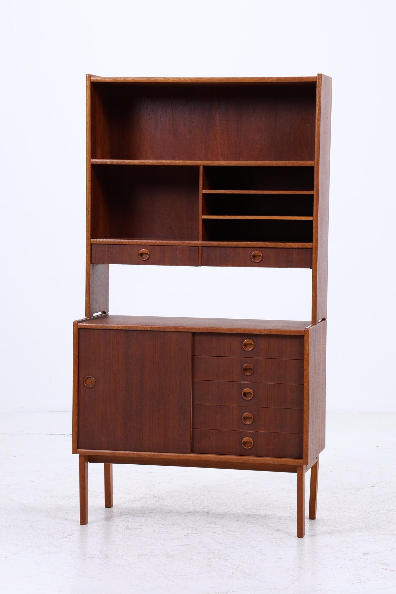 Vintage Teak Regal 60er Jahre | Mid Century Bücherregal mit Schiebetüren &amp; Schubladen Retro Holz Aufbewahrung