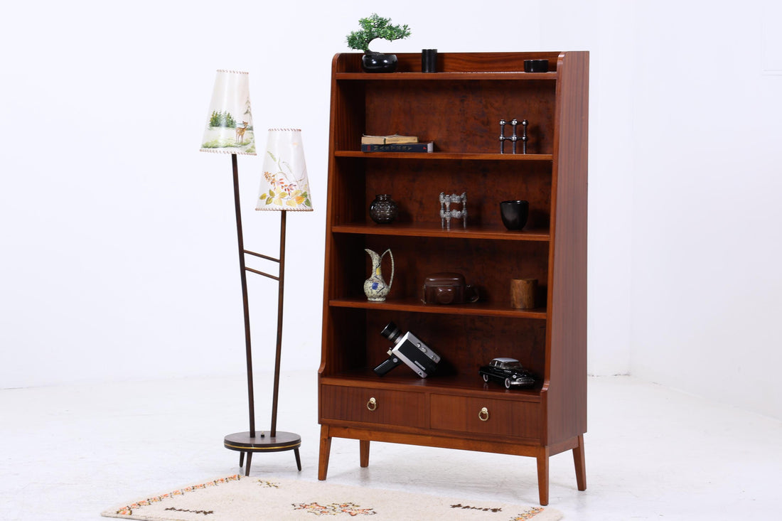 Vintage Mahagoni Bücherregal | Mid Century Regal mit Schubladen | 60er Retro Holz Aufbewahrung
