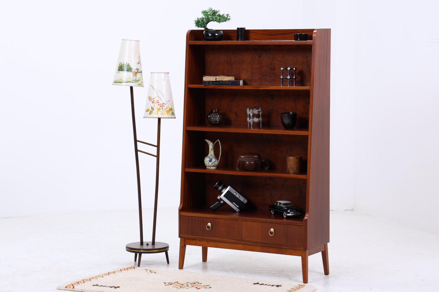 Vintage Mahagoni Bücherregal | Mid Century Regal mit Schubladen | 60er Retro Holz Aufbewahrung