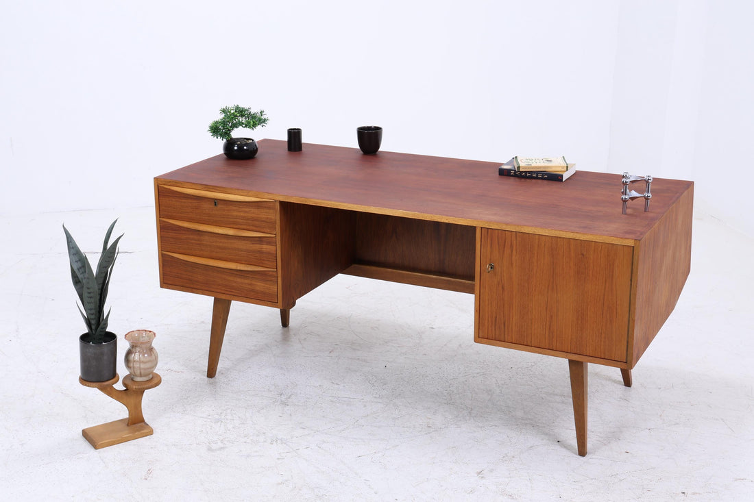 Vintage Schreibtisch im Hellerau Stil | Mid Century Arbeitstisch Bürotisch Frei Tisch Retro Holz Design 60er Jahre