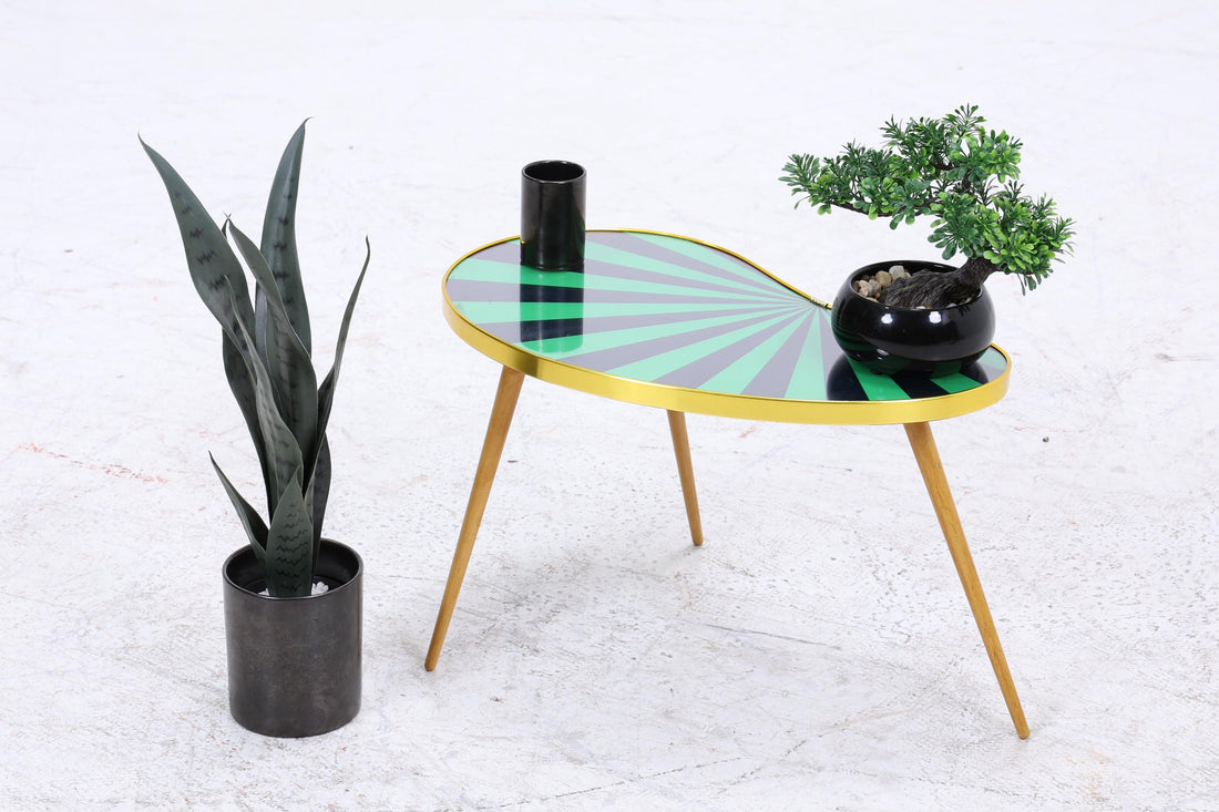 Vintage Nierentisch mit Muster | Mid Century Blumentisch | Beistelltische Schwarz Grün 60er Jahre