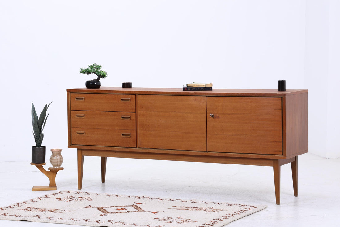 Vintage Teak Sideboard 60er Jahre | Danish Design Mid Century Anrichte mit Schubladen &amp; Fächern Retro Holz Aufbewahrung